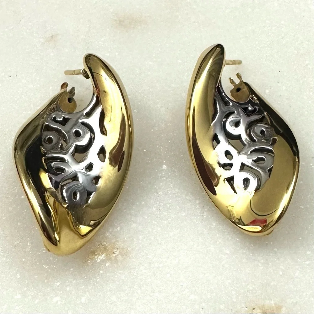 14k Golden Clef Arezzo Yellow & White Gold Polished Cutout Post Earrings 4.5g